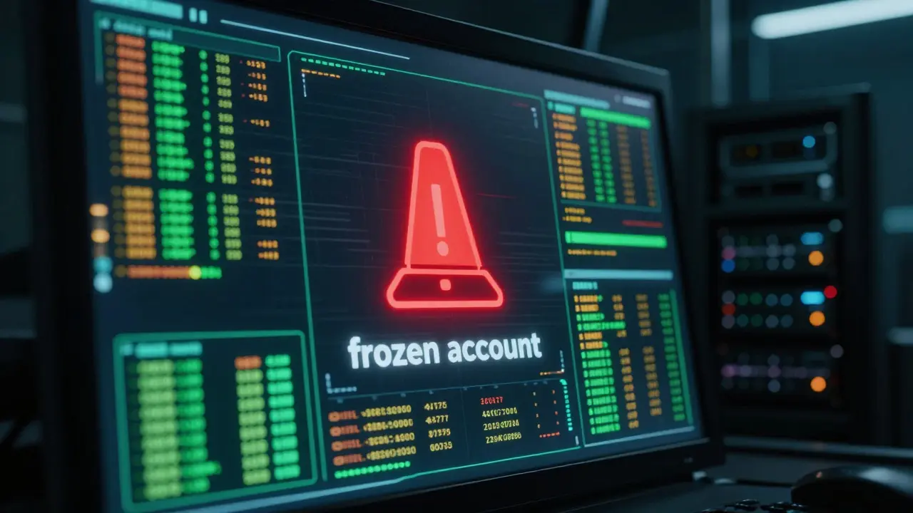 Holographic bank terminal showing a red frozen account alert for crypto
