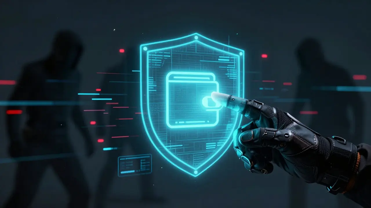 Holographic shield protecting a digital wallet from cyber threats
