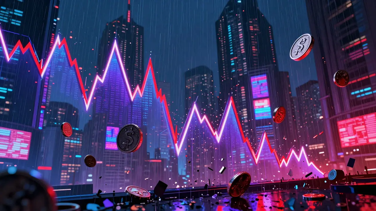 Jagged neon price chart spiking and crashing in a dystopian city