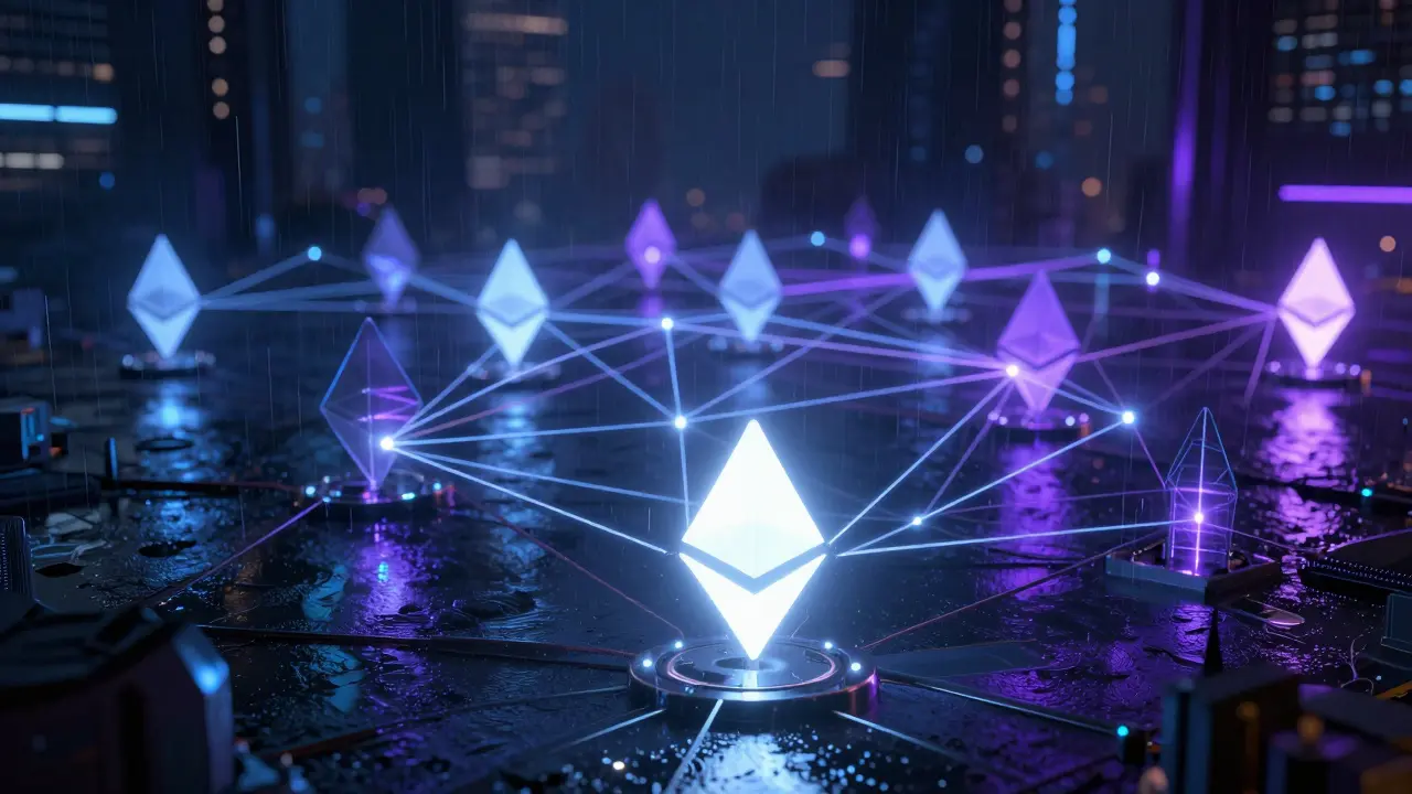 Neon-lit neural network grid representing Ethereum validators and rewards