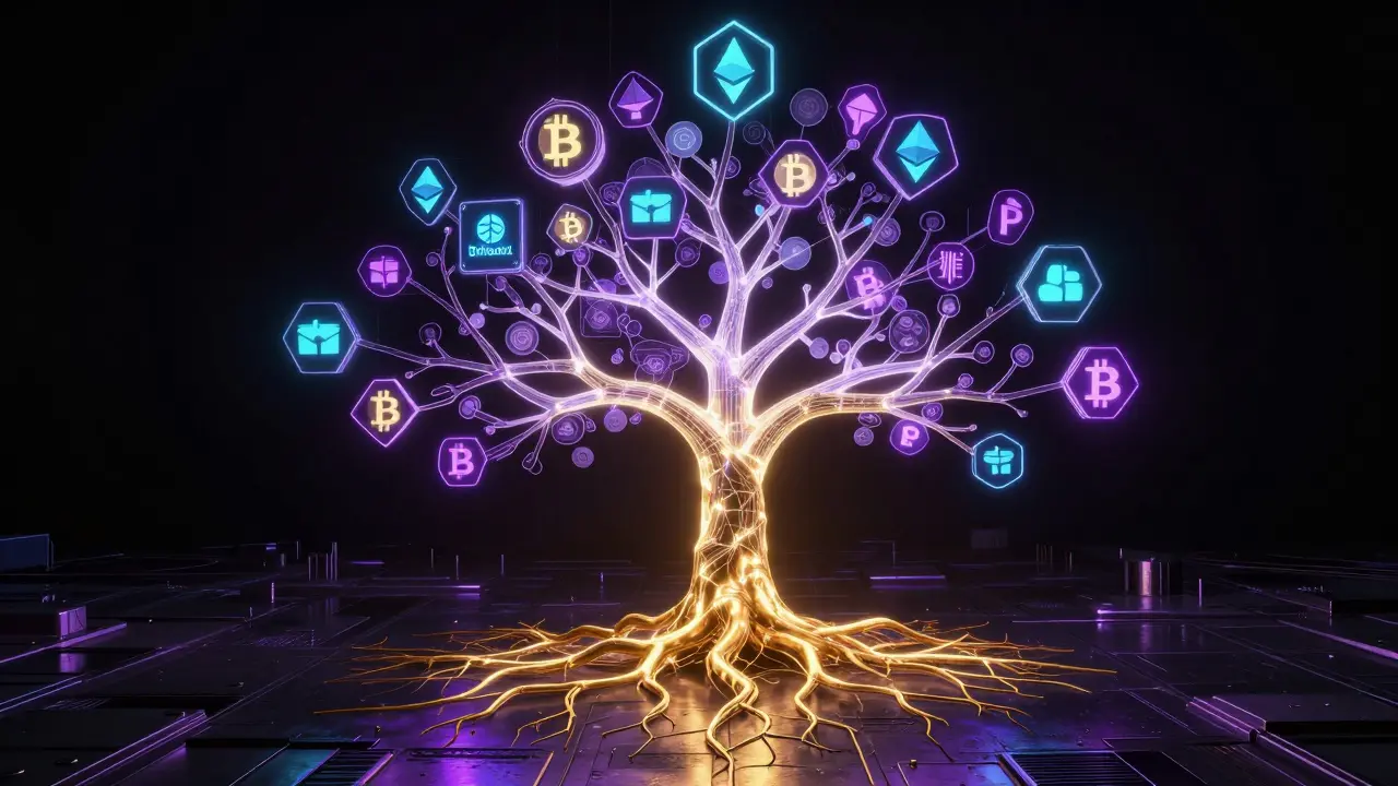 Neon tree roots branching into digital nodes, symbolizing HD wallet key derivation.