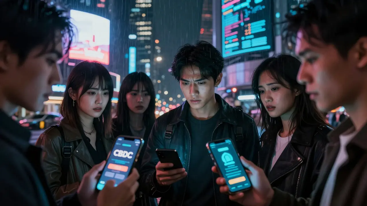 People using smartphones for digital currency in neon city