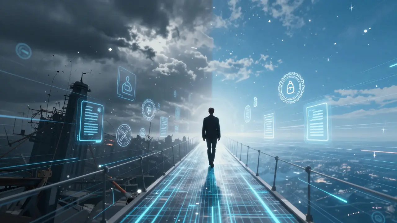 Person walking on digital data bridge symbolizing legal migration