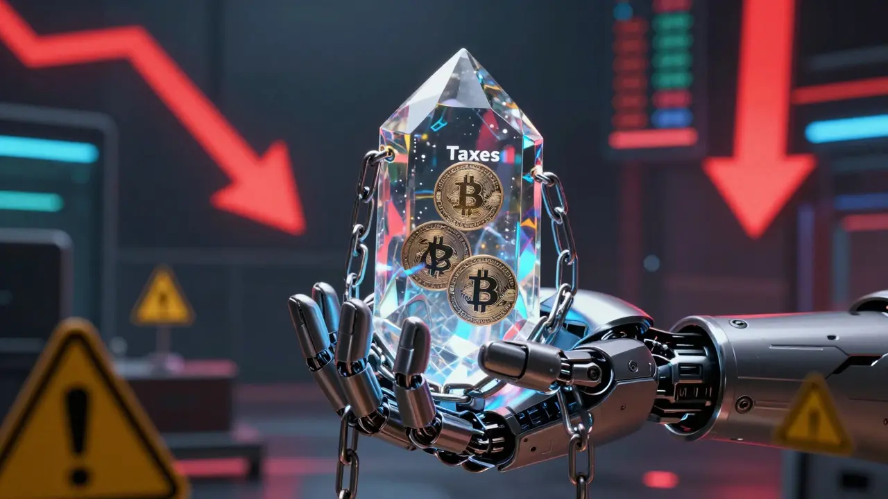 Robotic hand holding locked crypto tokens encased in chains of fees and taxes