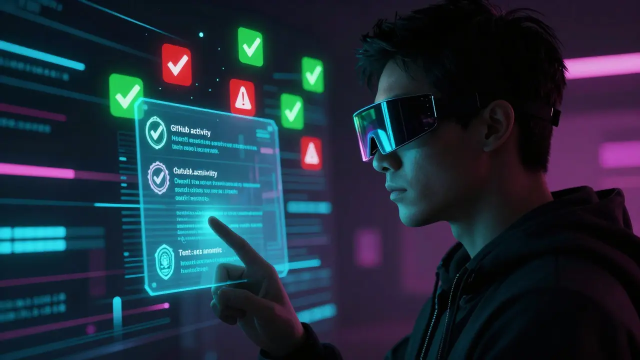 Silhouette analyzing floating code and security icons in a high-tech cyberpunk interface