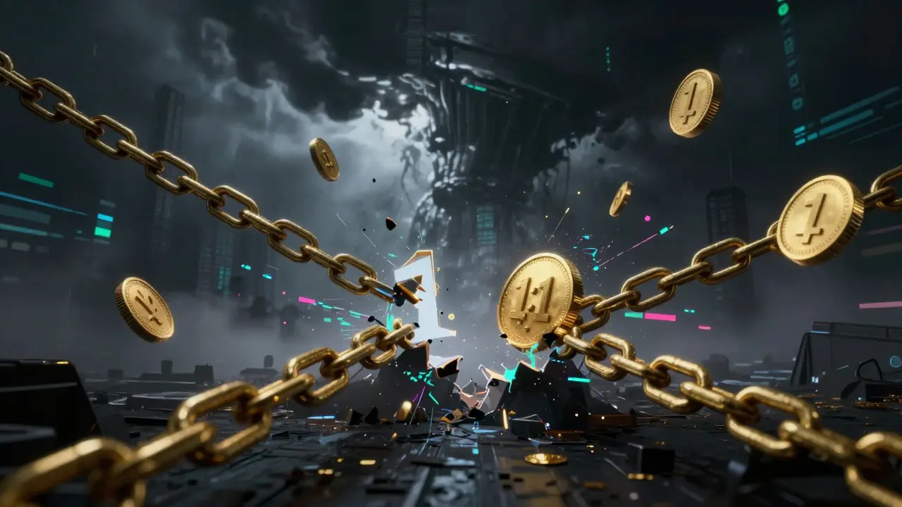 Snapping blockchain chains and glitch effects symbolizing a cross-chain hack
