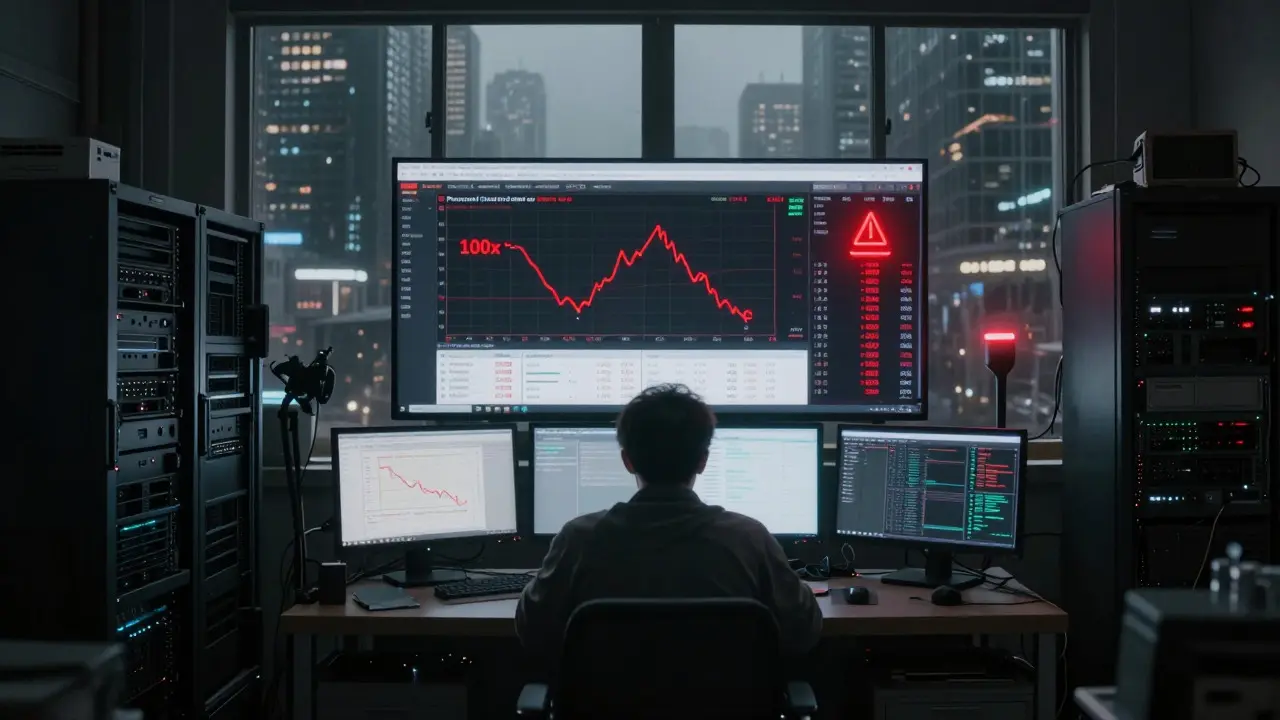 Trader monitoring high-leverage positions in cyberpunk room
