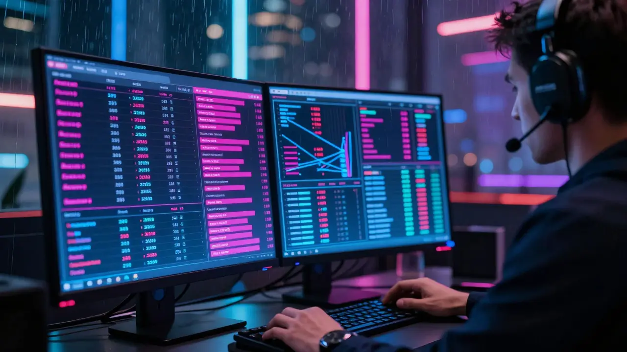 Trader using holographic AI analytics tools in a neon-lit cyberpunk office environment.