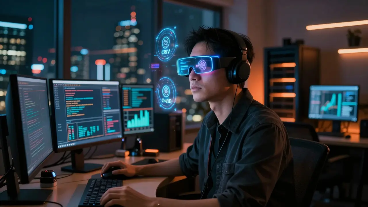Trader with AR glasses viewing crypto analytics in a futuristic neon apartment