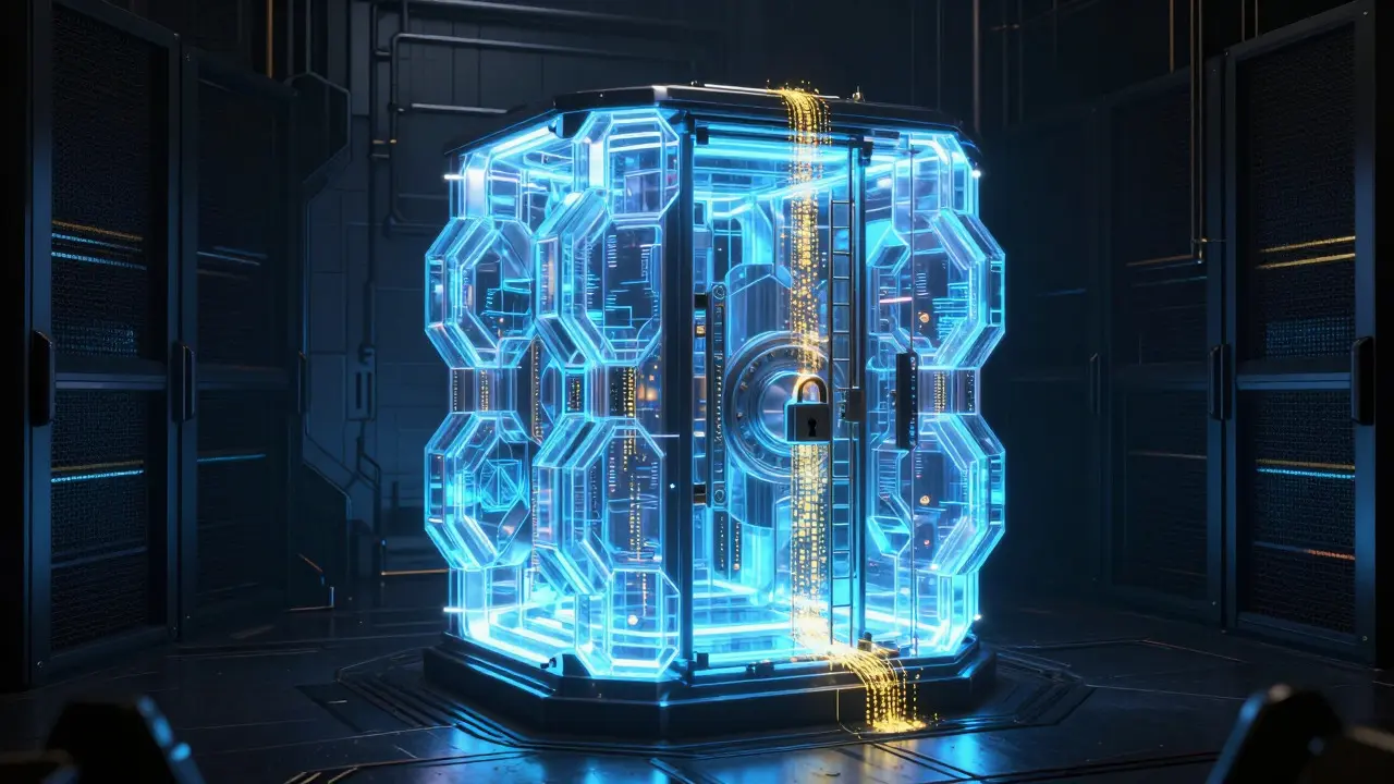 A glowing digital vault with flowing particle streams representing token vesting schedules
