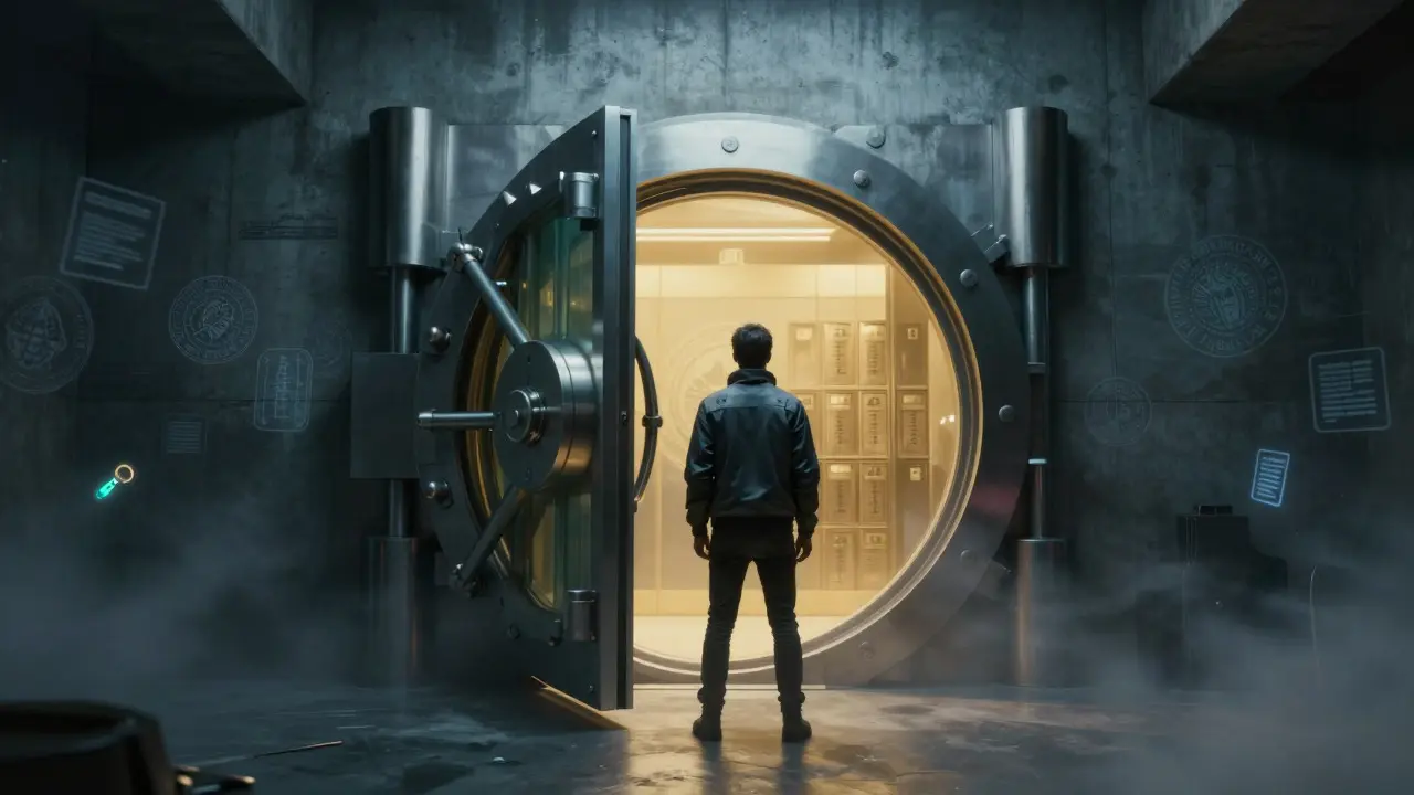 A person standing before a glowing secure vault in a dark bunker