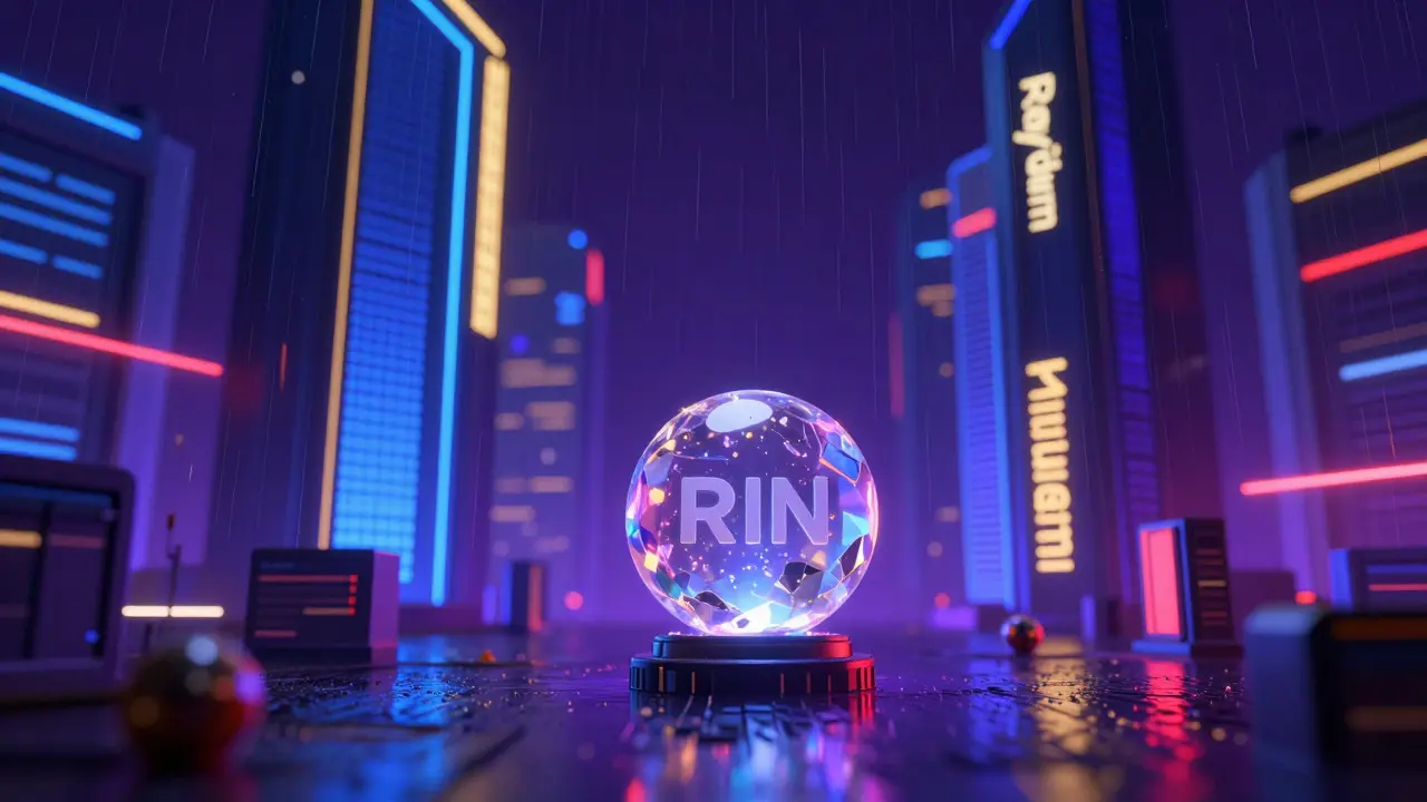 A small glowing crystal surrounded by massive neon structures in a cyberpunk city