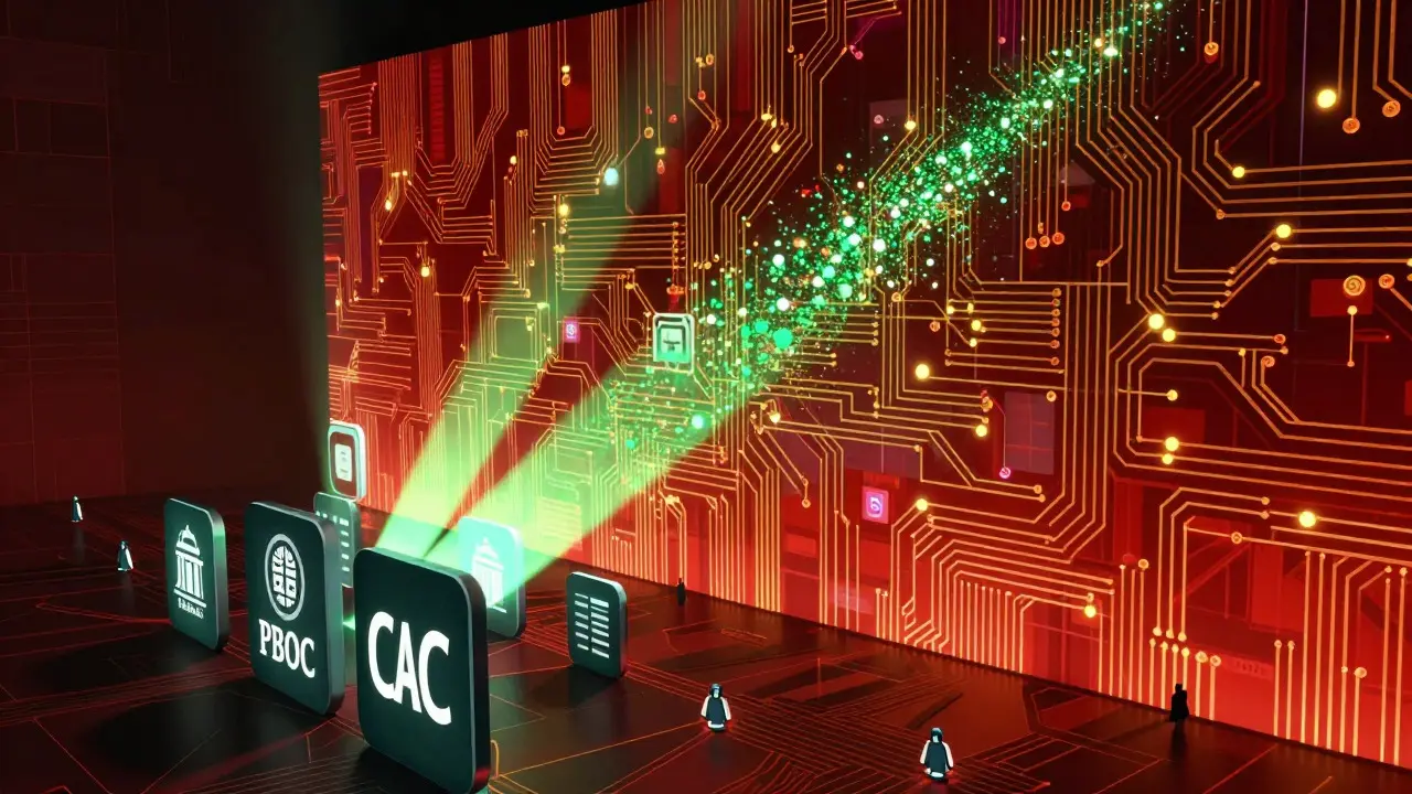 Abstract cyberpunk visualization of Great Firewall blocking encrypted data