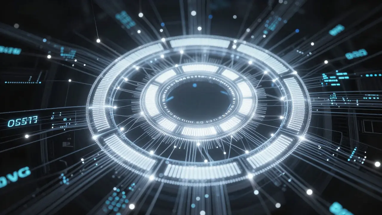 Abstract cyberpunk visualization of multi-party computation security nodes and data flows