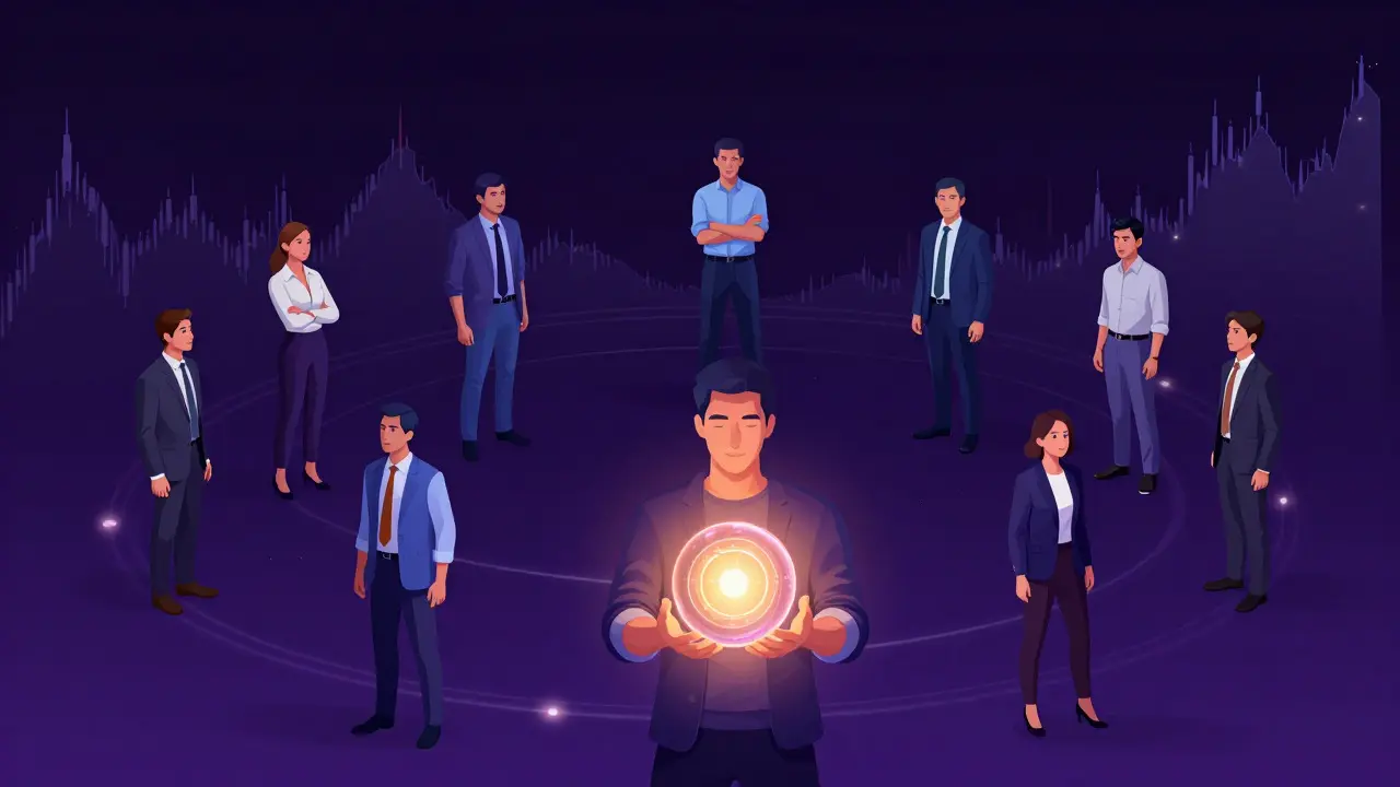 Abstract cyberpunk visualization of stakeholder connections and market stability