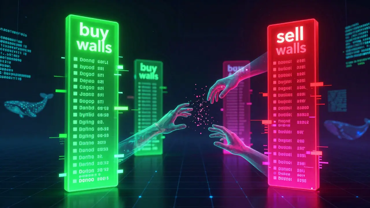Abstract neon buy and sell walls representing market manipulation
