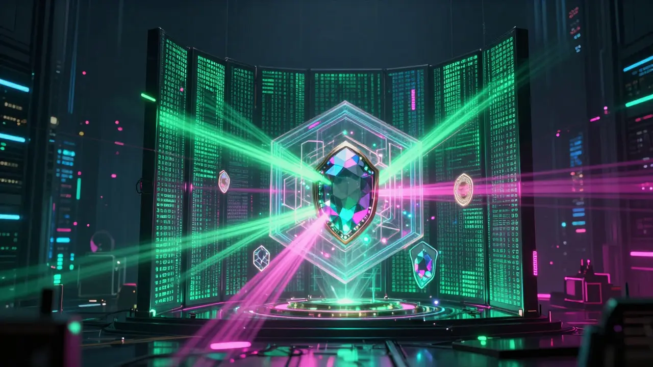 Abstract visualization of zero-knowledge privacy with glowing tokens behind a data shield