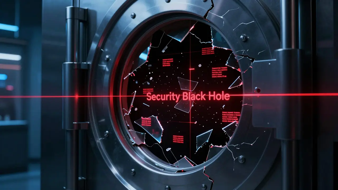 Broken high-tech security vault revealing darkness and scattered data shards