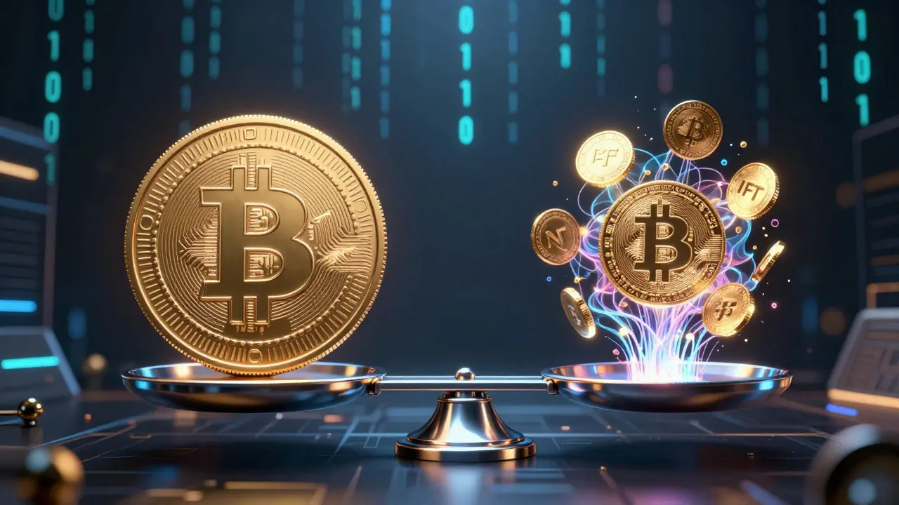 Chrome scale balances gold coins against fading crypto tokens in a digital void.