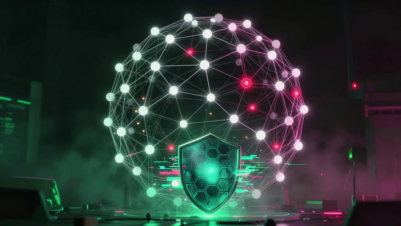 Complex node network with flickering warnings representing DeFi security
