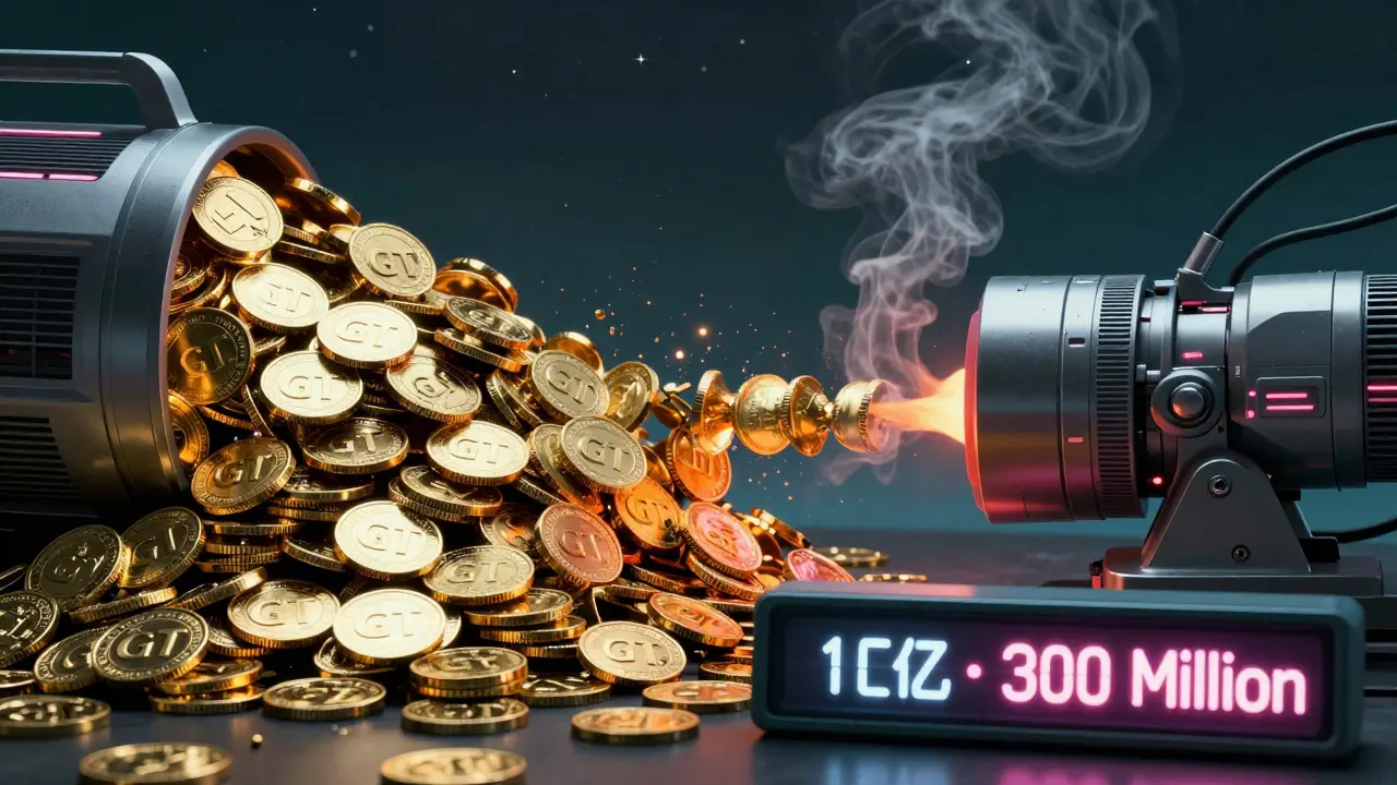 Conceptual art depicting the deflationary nature of GateToken, showing coins being burned by a machine with a digital supply counter decreasing, set against a starry night sky.