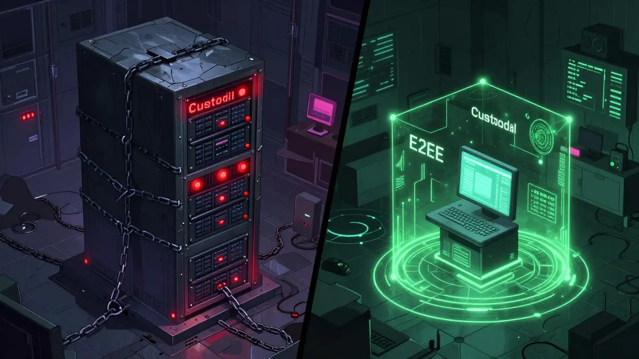 Contrast between central server and secure personal wallet in neon cyberpunk