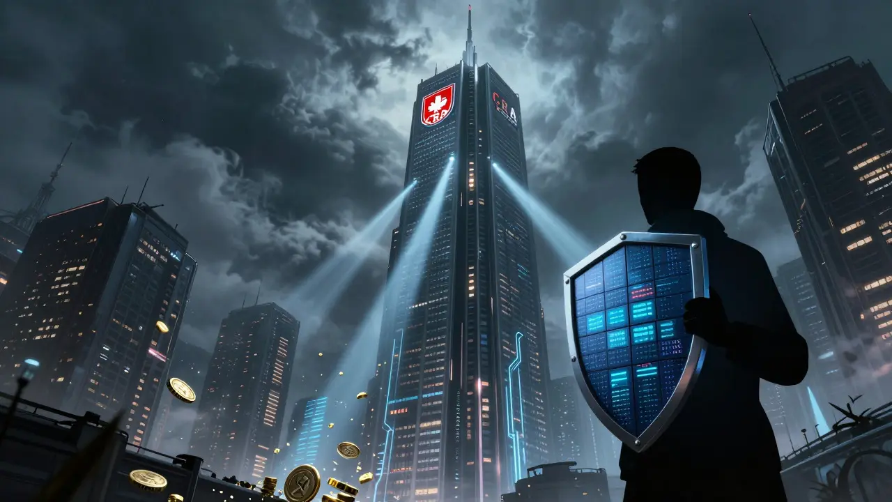 CRA skyscraper scanning digital assets in dystopian city