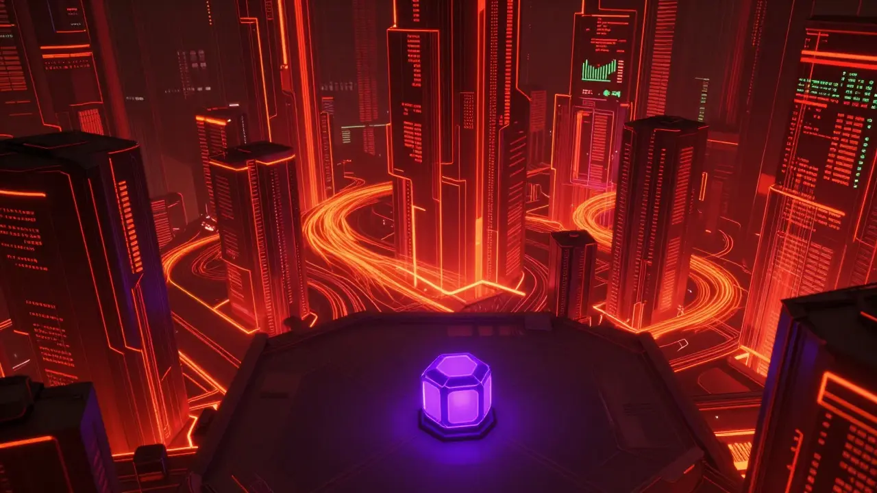Cyberpunk art contrasting a small, simple exchange node with complex, large-scale trading networks