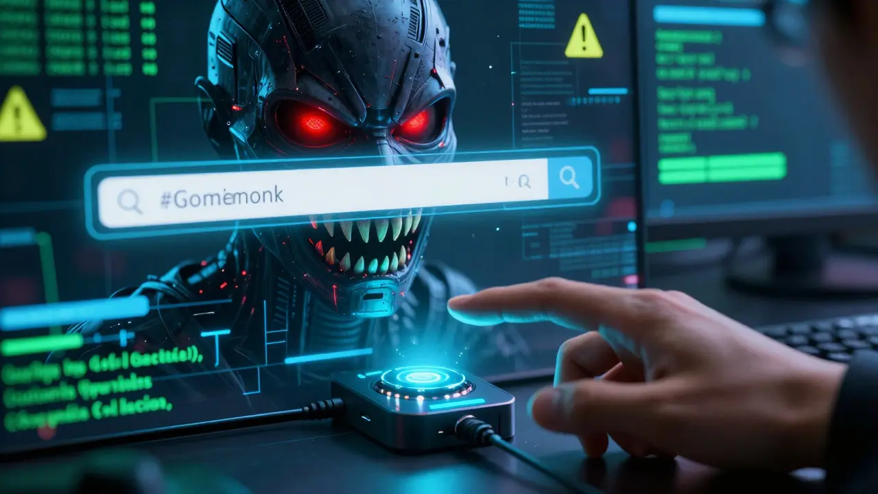 Cyberpunk hacker trap emerging from a fake website URL
