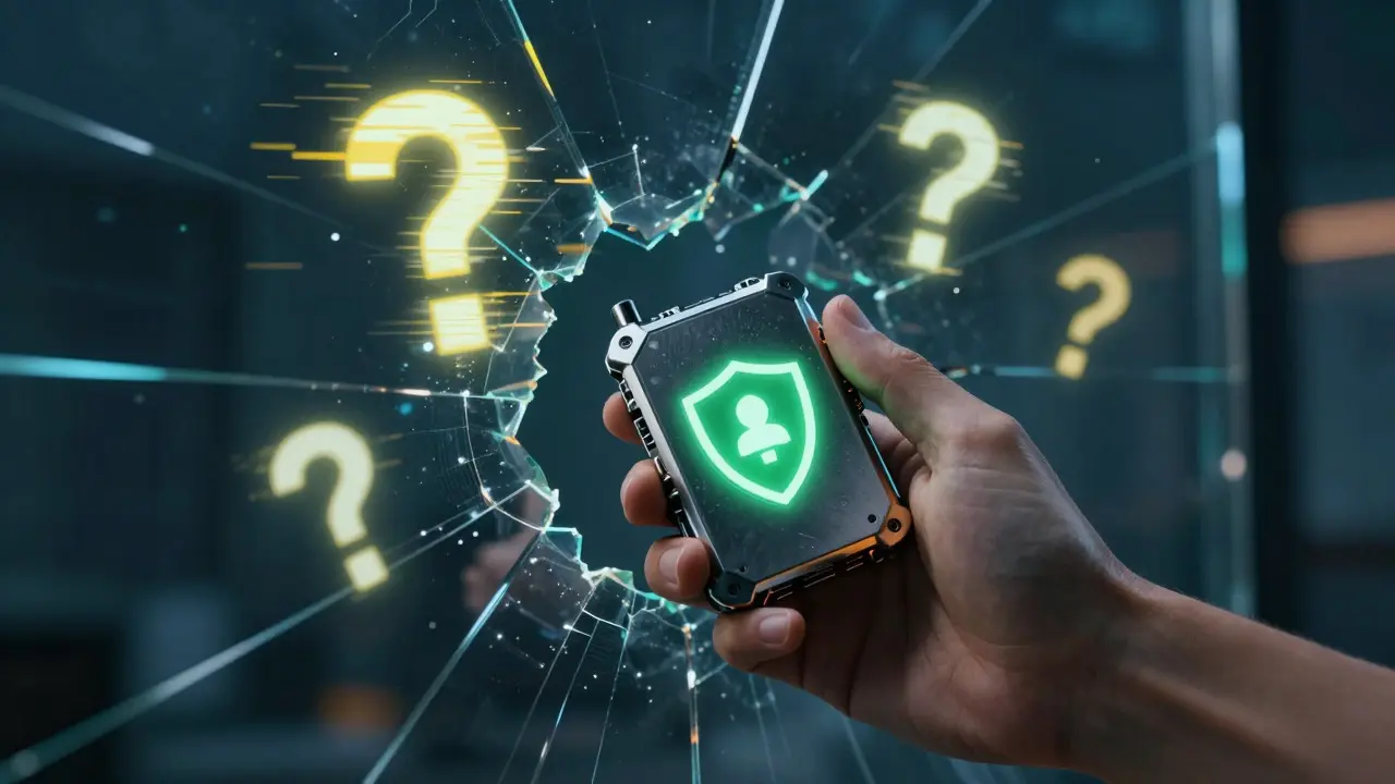 Cyberpunk image of a hardware wallet with a security shield, surrounded by abstract regulatory uncertainty