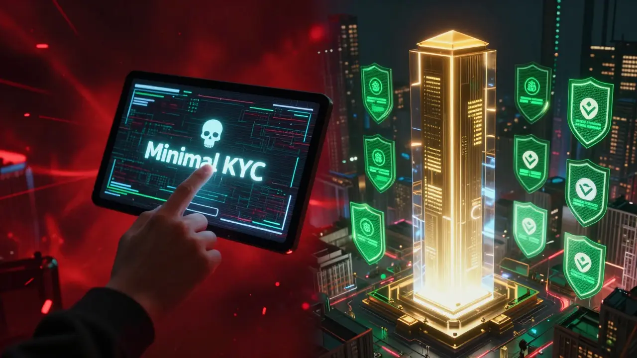 Cyberpunk split view contrasting a risky unverified app with secure trading pillars