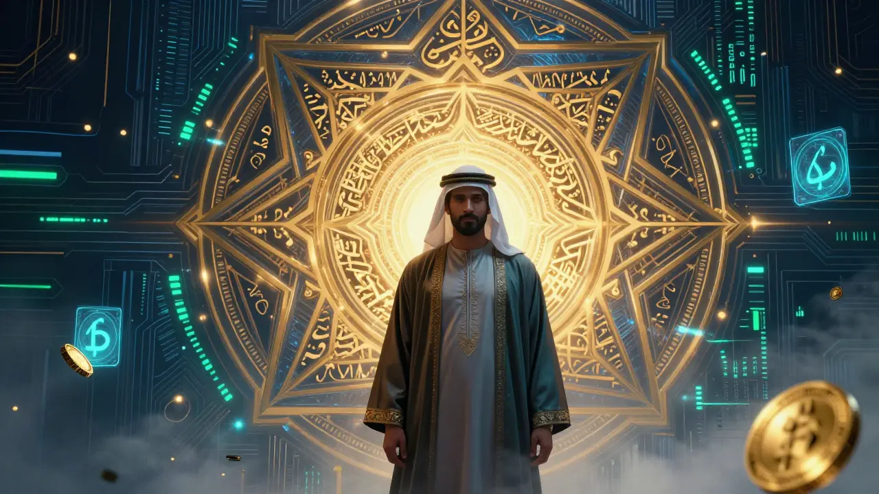 Digital art merging Islamic geometry with blockchain circuits symbolizing Sharia-compliant crypto