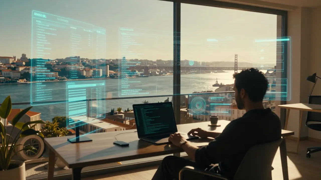 Digital nomad workspace with holographic crypto portfolios overlooking Lisbon river