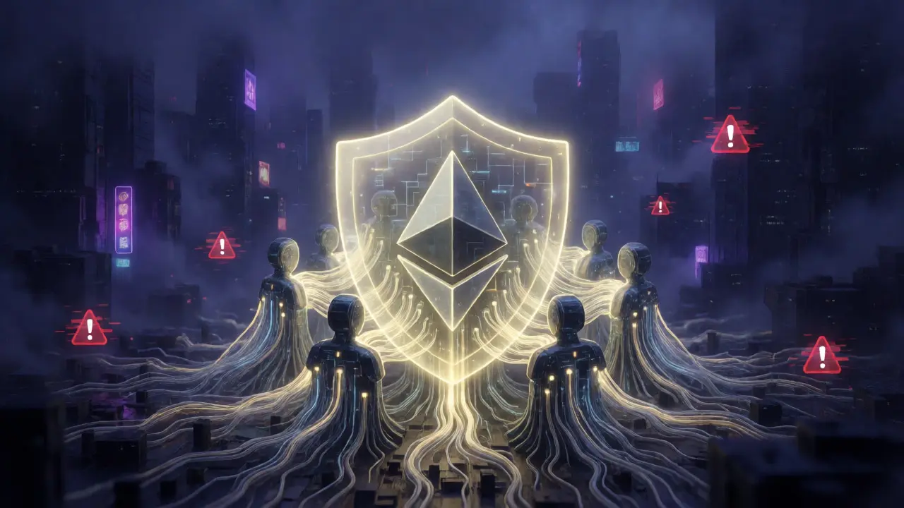 Digital shield protecting connected avatars, symbolizing secure crypto referrals and community.