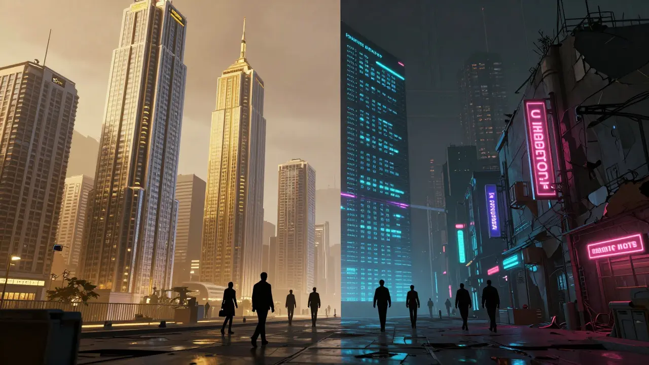 Divided cyberpunk city showing regulated vs unregulated crypto markets