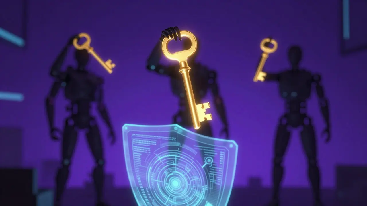 Floating key shards and holographic shield representing MPC crypto security
