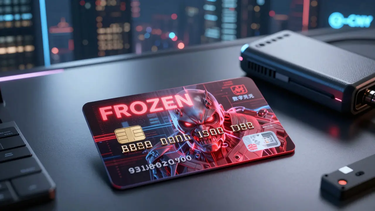Frozen bank card and hardware wallet on desk with e-CNY background