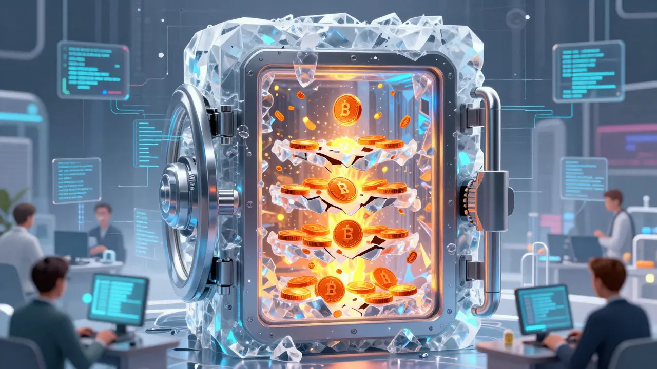 Frozen digital vault slowly releasing glowing tokens in phases