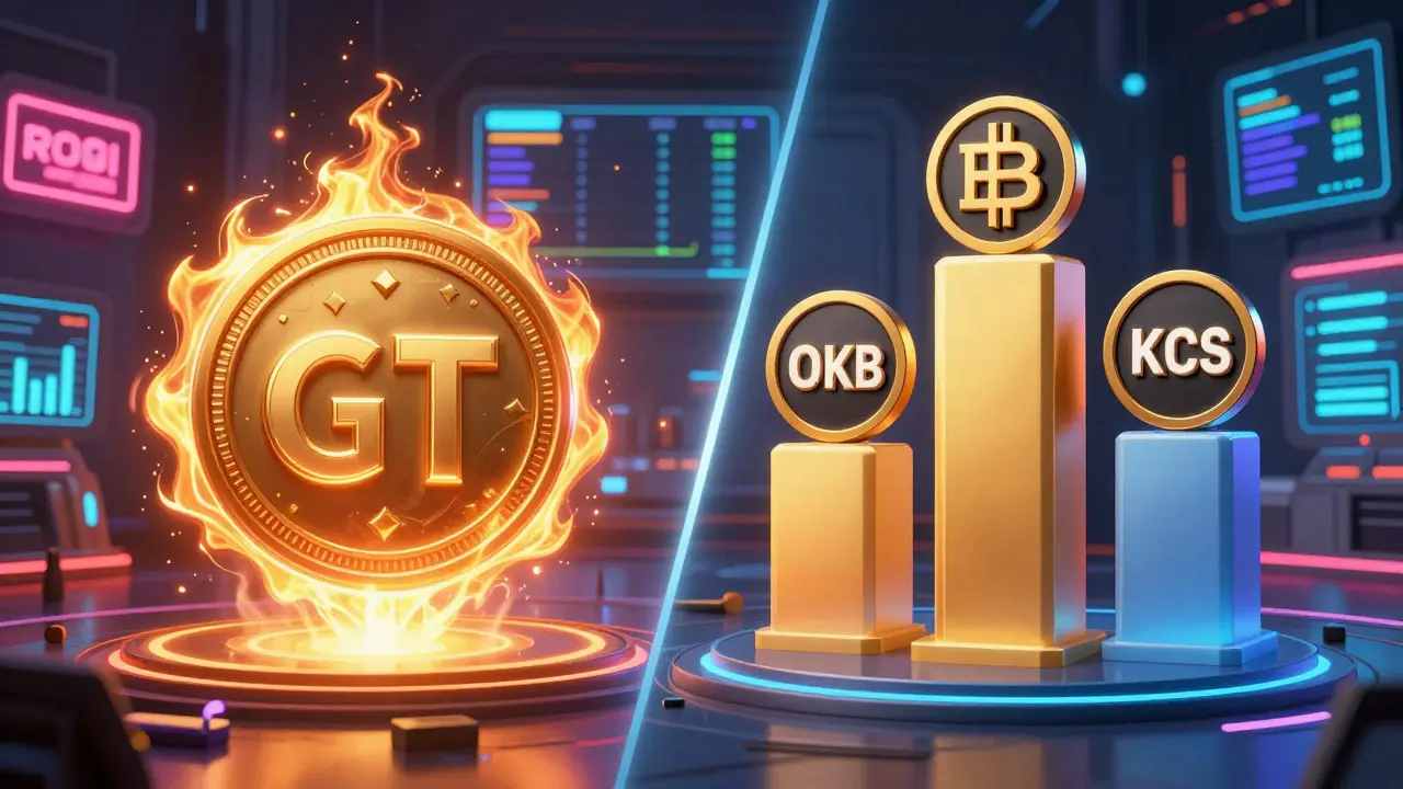 Futuristic comparison graphic of exchange tokens GT, BNB, OKB, and KCS in a cyberpunk trading environment, highlighting their different structures and utilities.