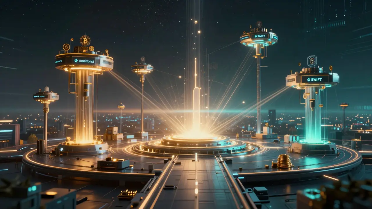 Futuristic cyberpunk hub connecting traditional finance and blockchain networks with light beams
