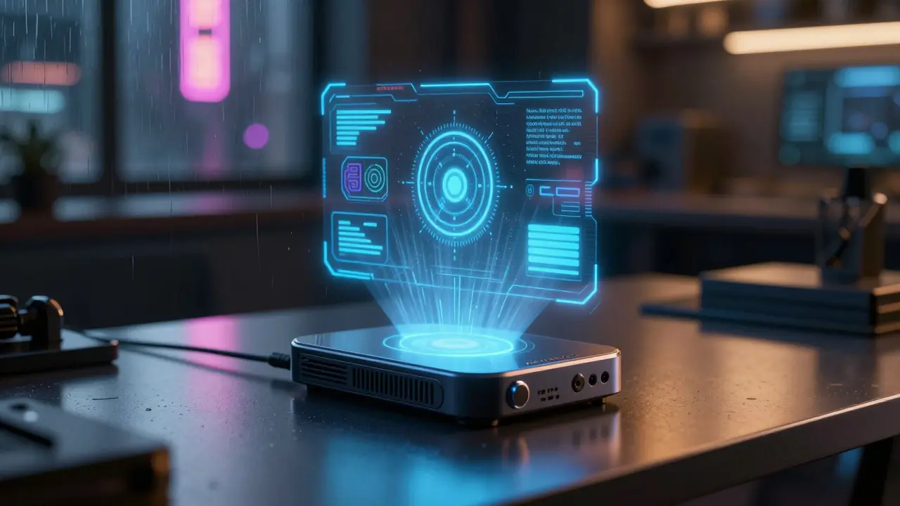 Futuristic hardware wallet with holographic verification in a neon-lit room