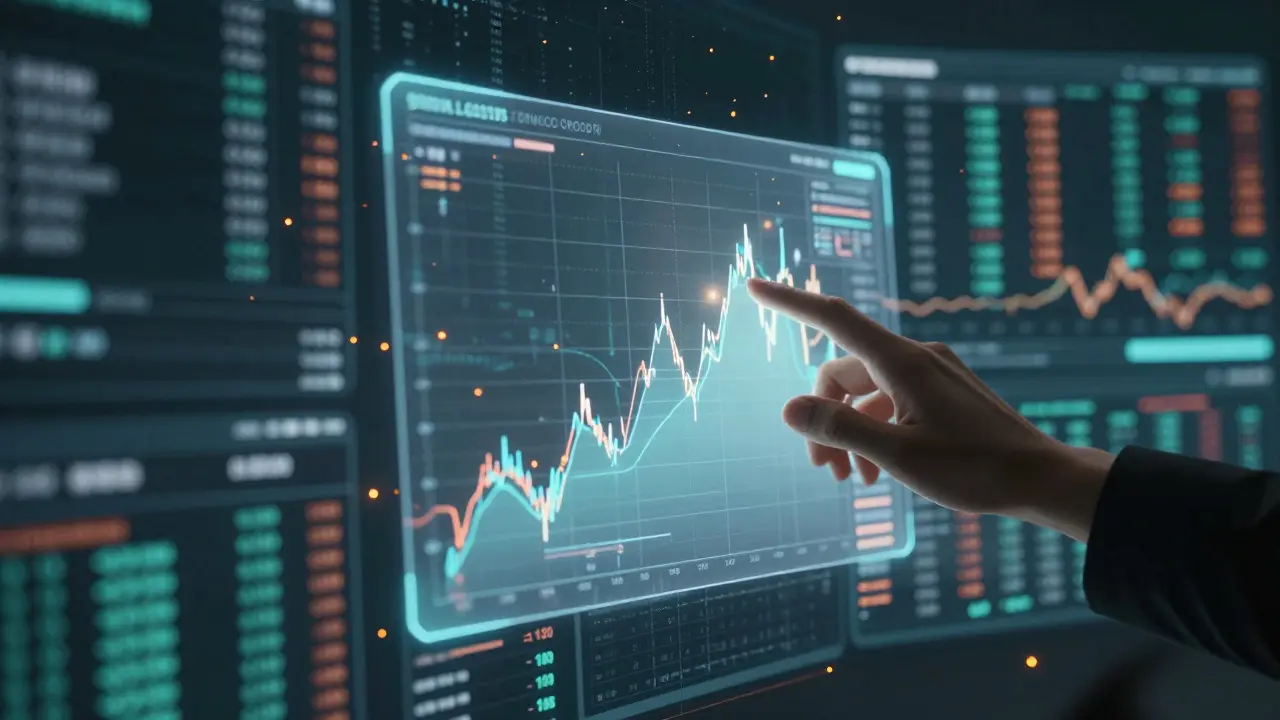 Futuristic holographic dashboard showing asset management in a cyberpunk setting