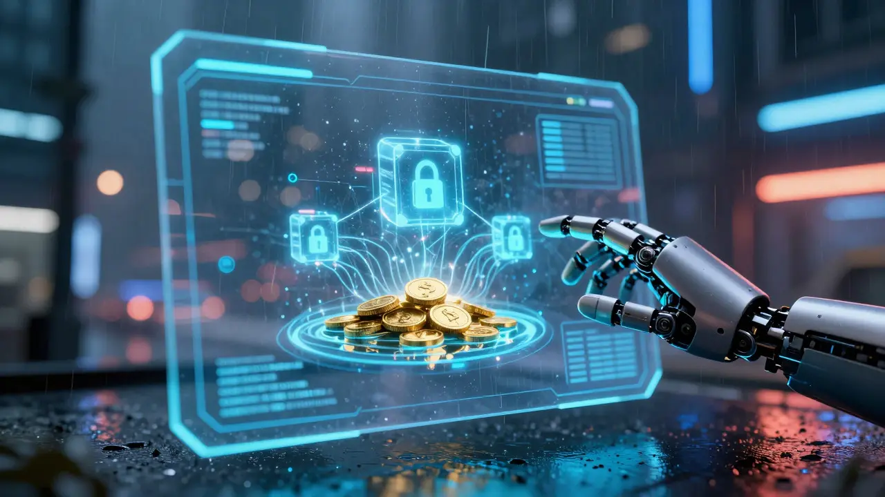 Futuristic interface displaying NFT collateralization with glowing digital assets and stablecoins