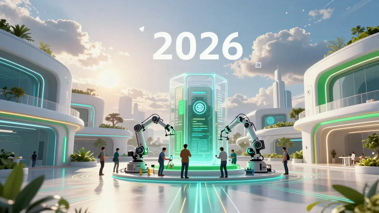 Futuristic plaza showing collaborative blockchain assembly