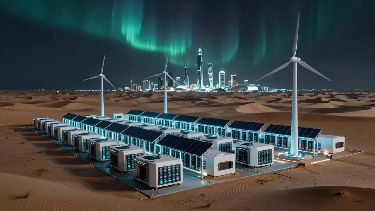 Futuristic solar-powered crypto mining facility in the desert near NEOM city skyline