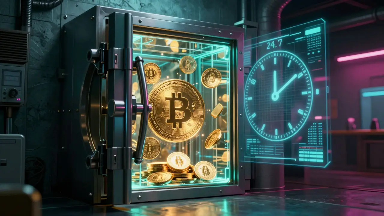 Futuristic vault holding glowing security tokens for real-world assets