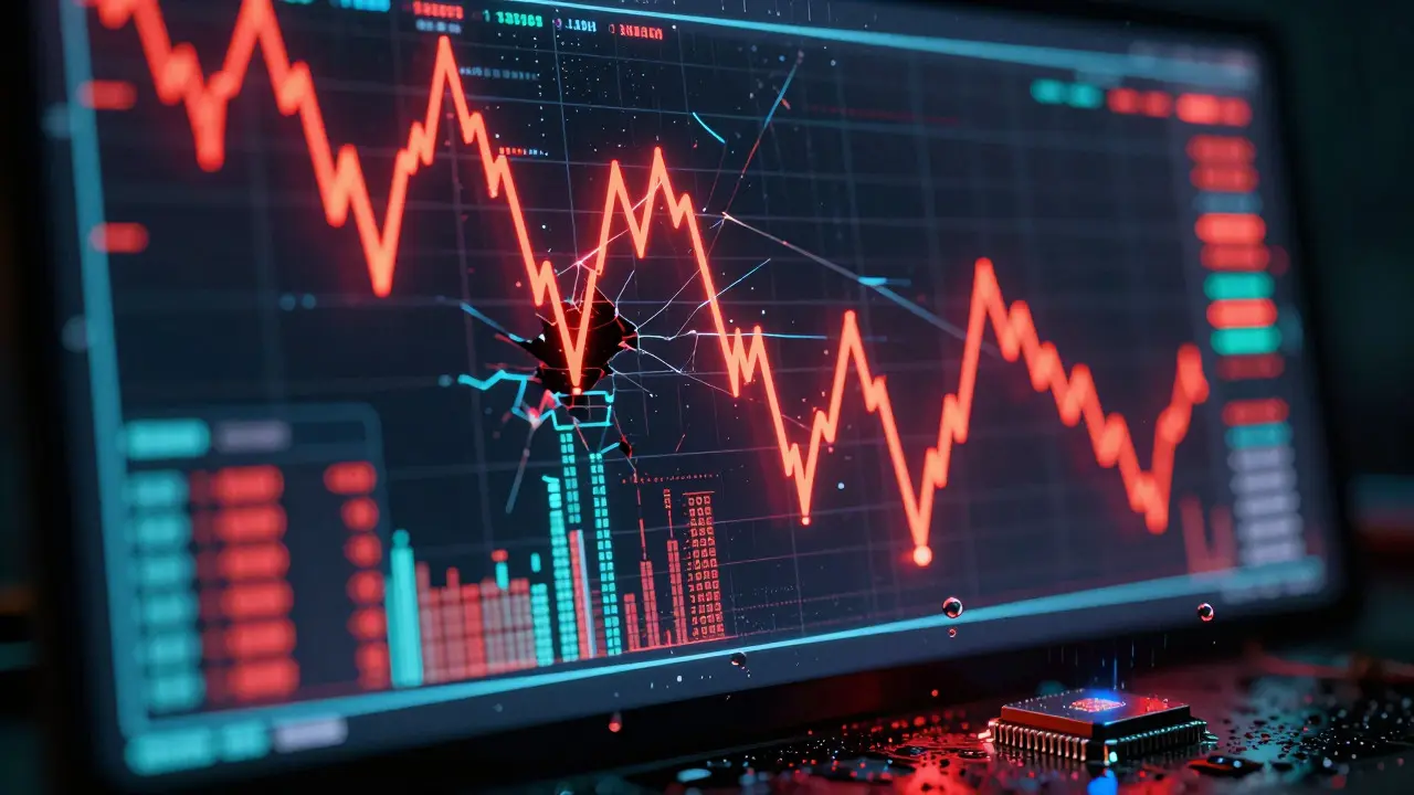 Glitching cyberpunk interface showing a jagged red downward trend line on a holographic screen