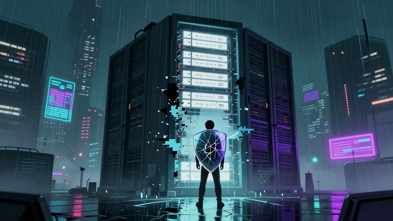 Glitching server tower in a rainy cityscape representing platform reliability risks