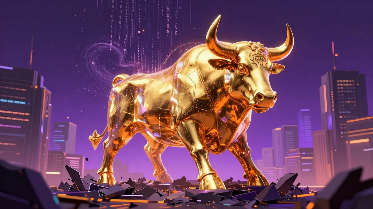 Golden bull statue dissolving into pixels in a neon cyberpunk city