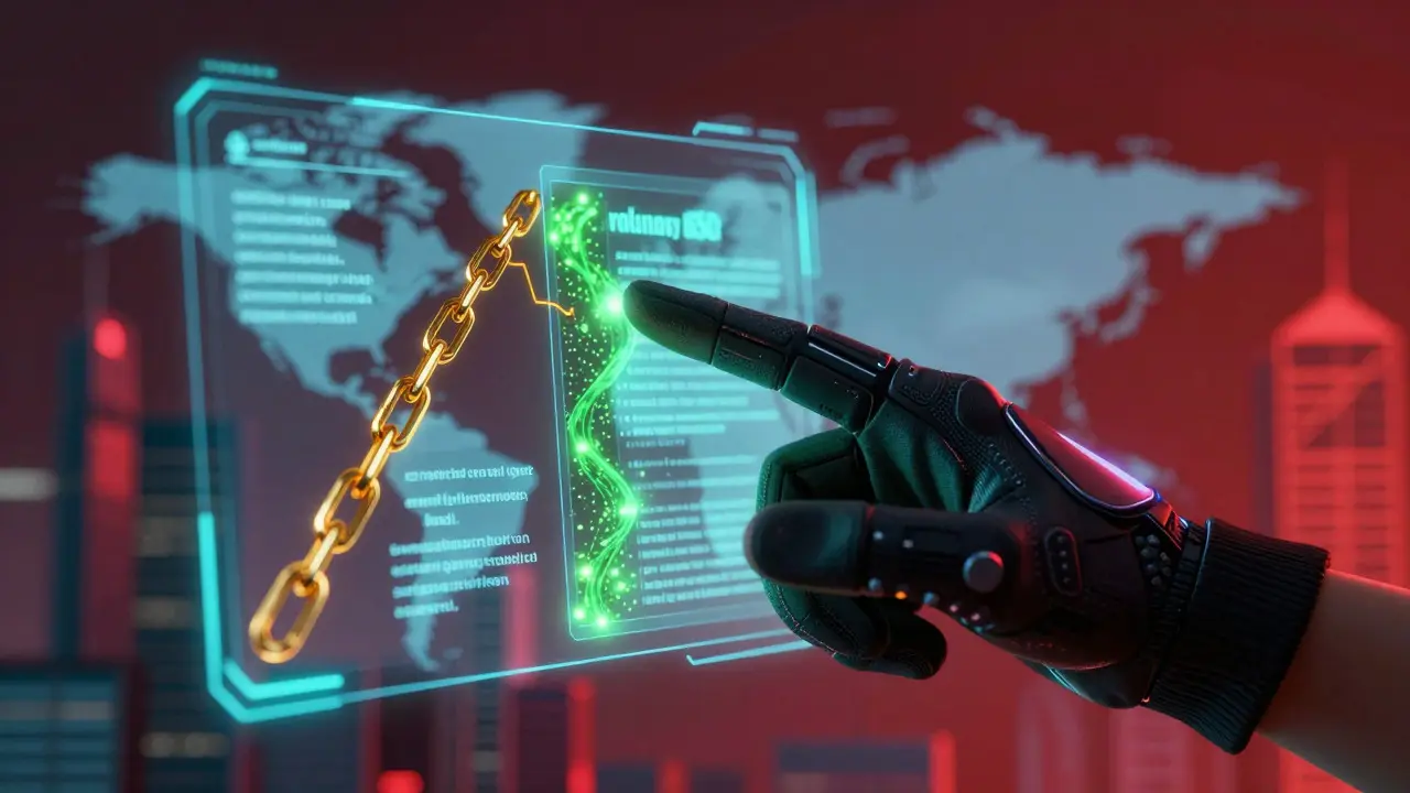 Hand interacting with smart contract interface showing legal mandates